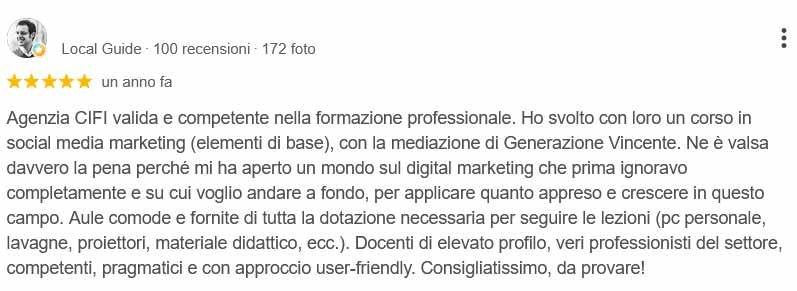 Recensione su Agenzia CIFI e corso social media marketing