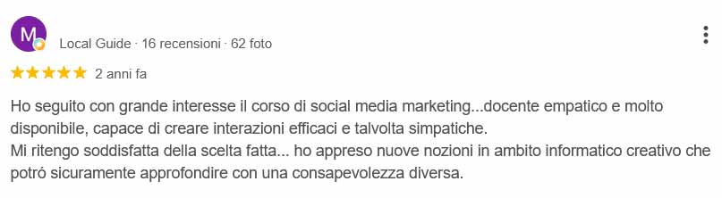 Recensione su docente empatico e disponibile nel corso social media marketing