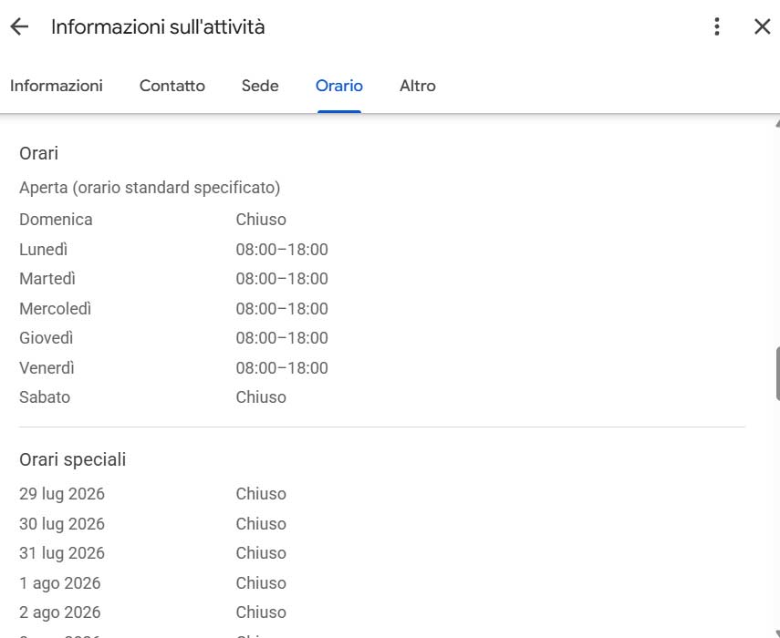 Gestione degli orari ordinari e speciali nel Profilo dell'attività Google