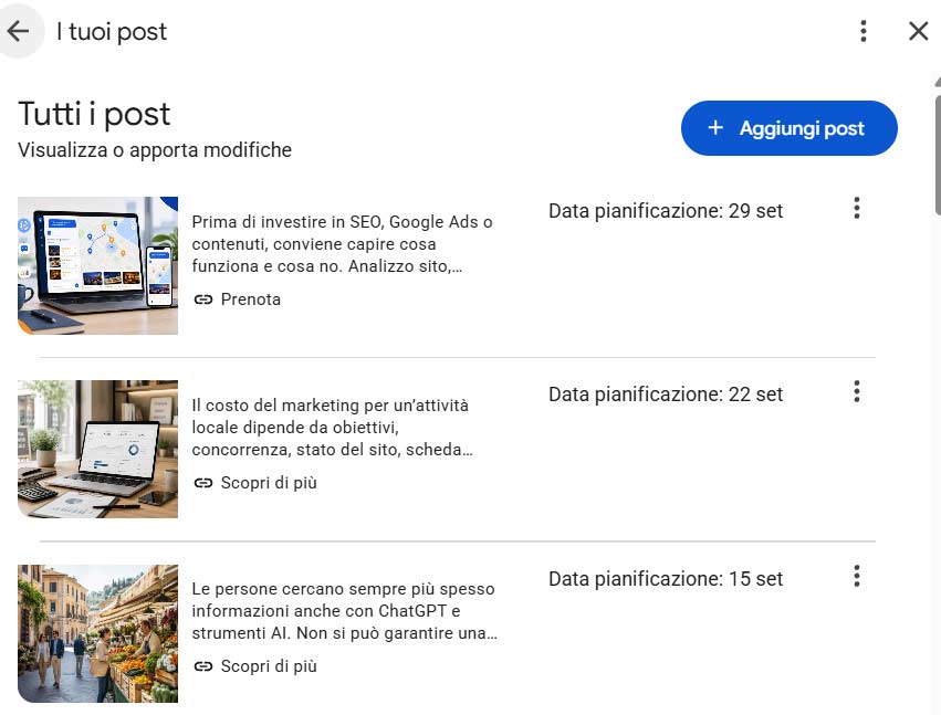 Post pubblicati e programmati nel Profilo dell'attività Google