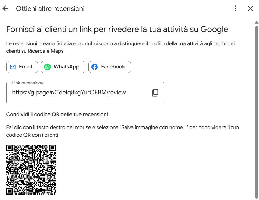 Link e codice QR del Profilo dell'attività Google per richiedere recensioni