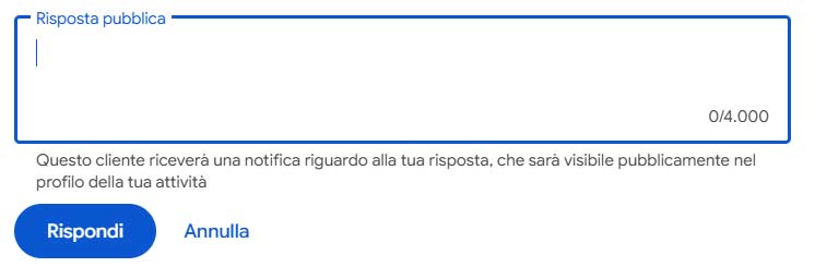Campo per pubblicare una risposta a una recensione Google