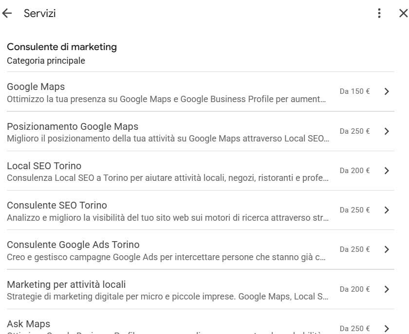 Sezione Servizi di un Profilo dell'attività Google