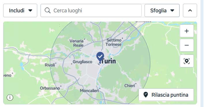 Esempio di area geografica selezionata per una campagna Meta locale