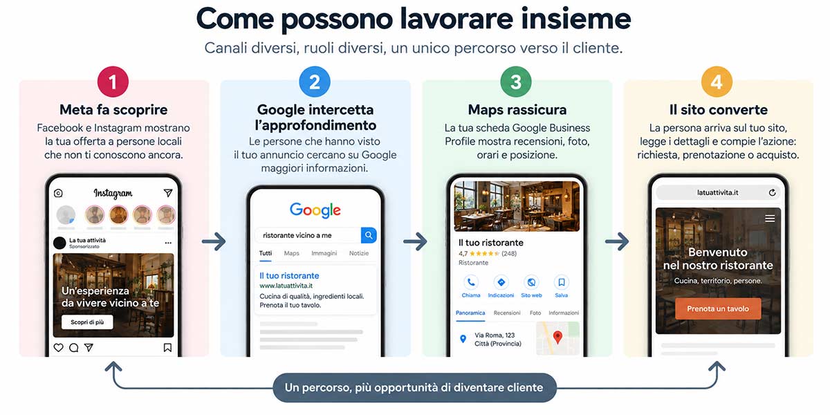 Percorso di conversione tra Meta, Google, Maps e sito web