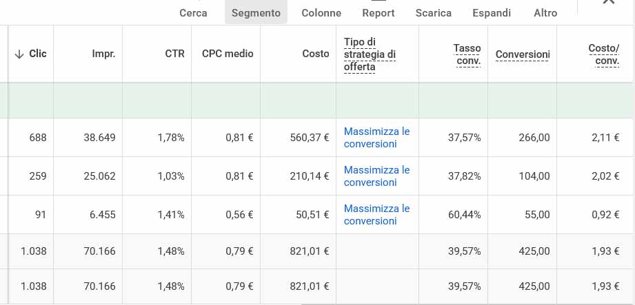 Screenshot Google Ads con dettaglio campagne, clic, impression, CTR, CPC medio, costo e conversioni