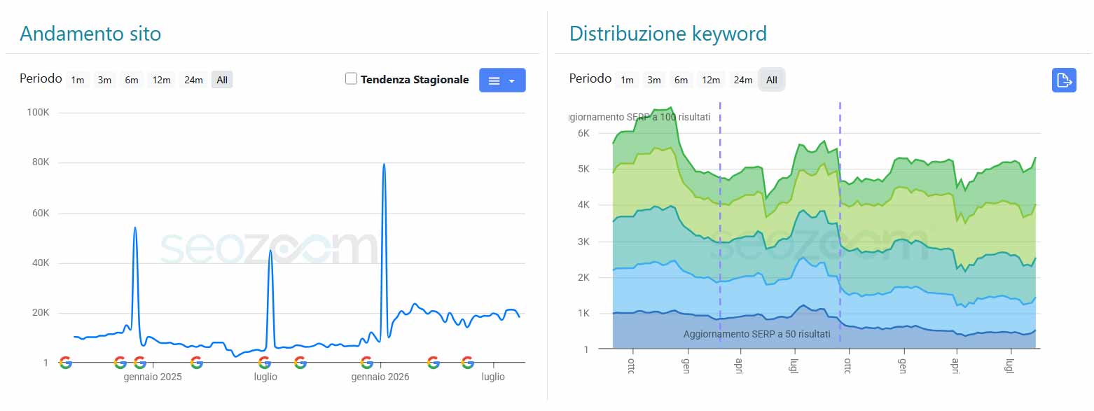 Screenshot SEOZoom con andamento annuale e distribuzione keyword del progetto