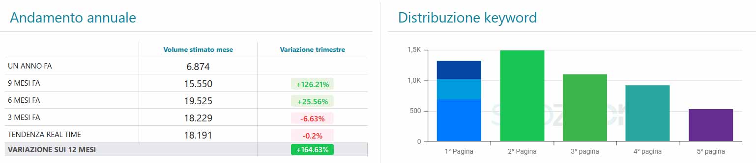 Screenshot SEOZoom con andamento sito e distribuzione keyword del progetto